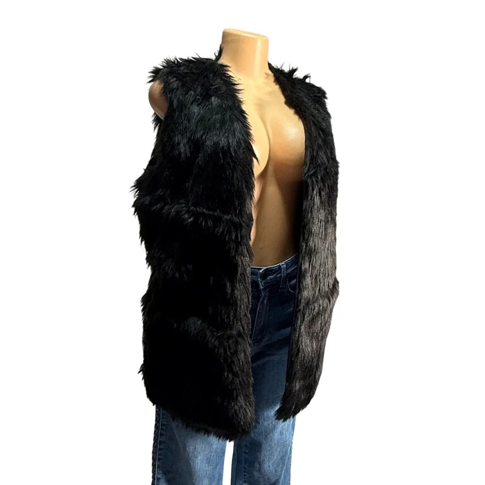Gianni Bini Faux Fur Vest Womens Medium Black Excellent Shaggy Open Front Layer